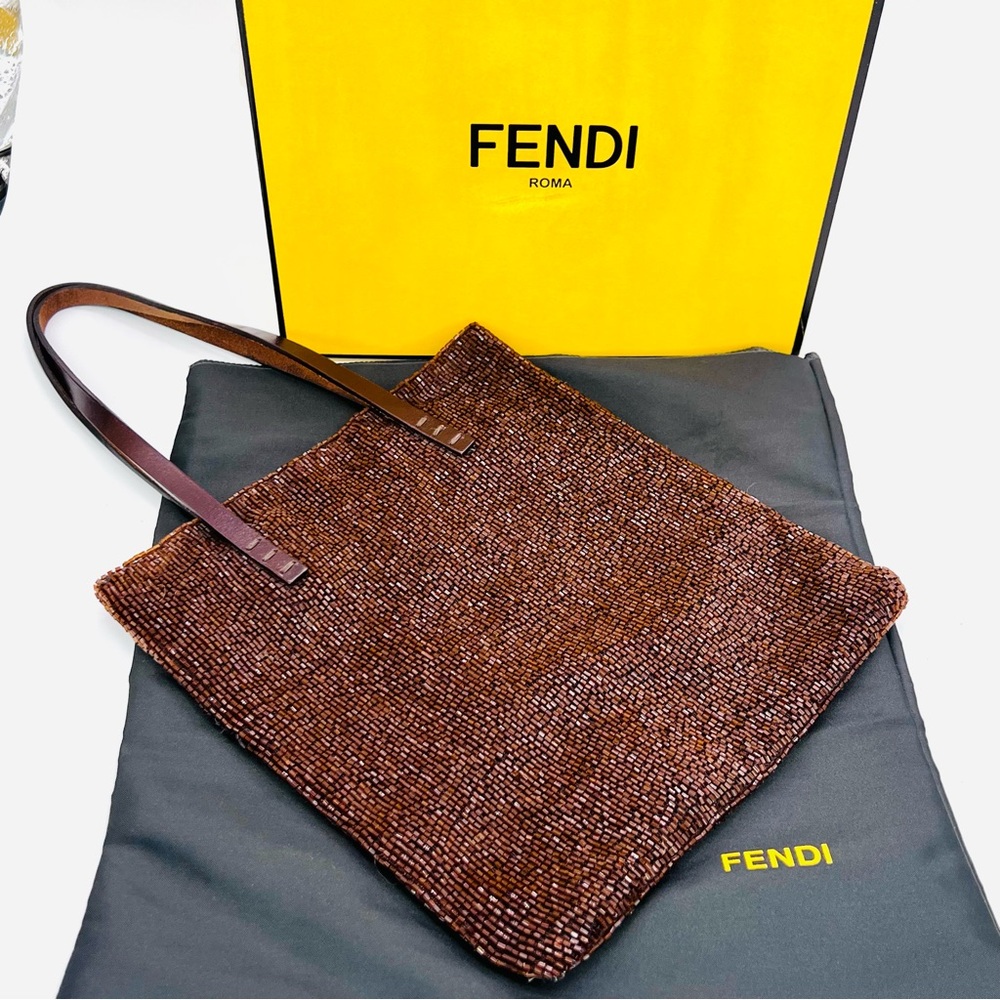 New! AUTH FENDI VINTAGE RARE BROWN BEADED MINI BAG GLAM EVENING TOTE SPARKLE✨